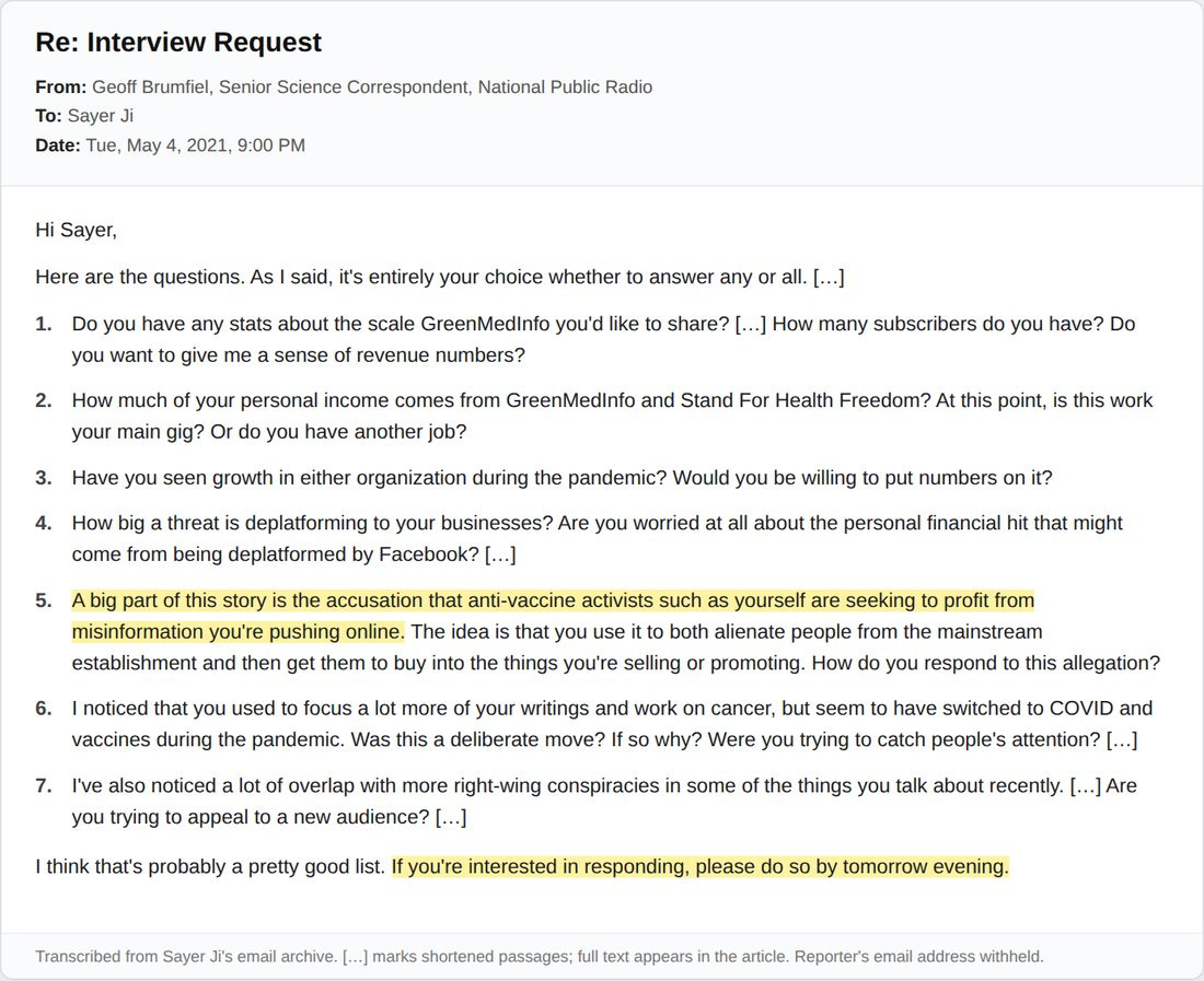 Email from Geoff Brumfiel with seven questions, May 4, 2021, 9:00 PM Email from Geoff Brumfiel with seven questions, May 4, 2021, 9:00 PM