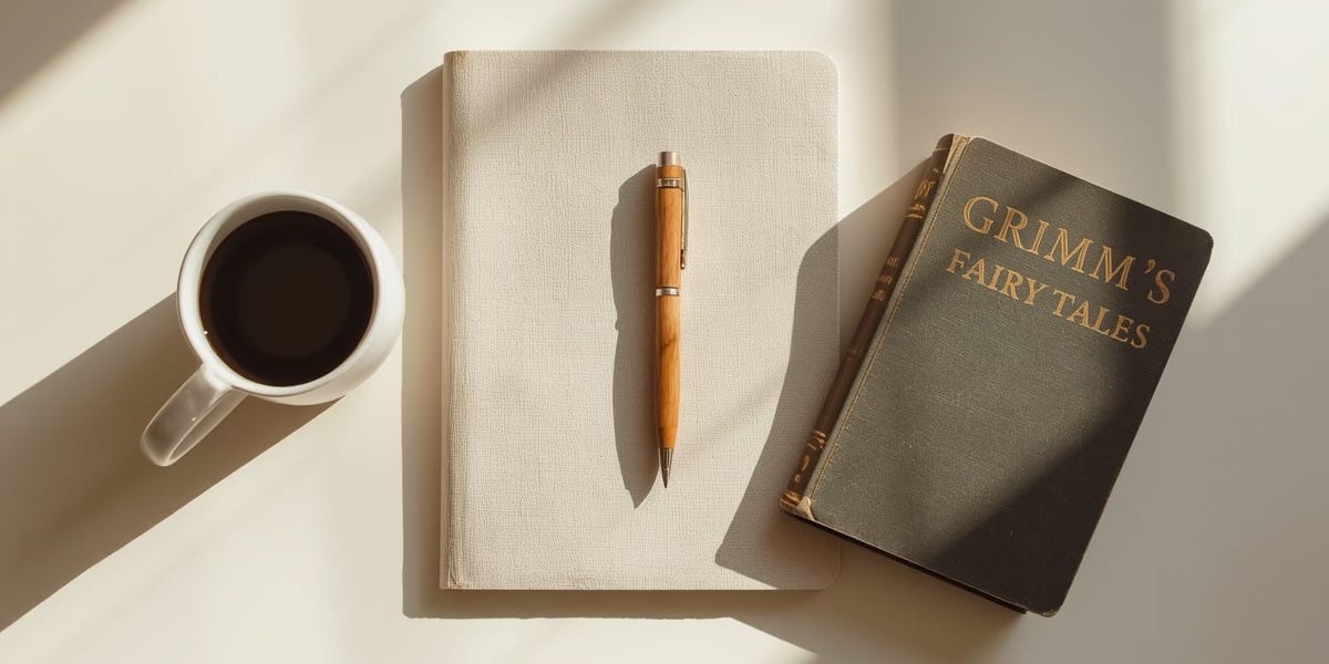 Simple homeschool planning with a coffee, notebook, and one book of Grimm's Fairy Tales.