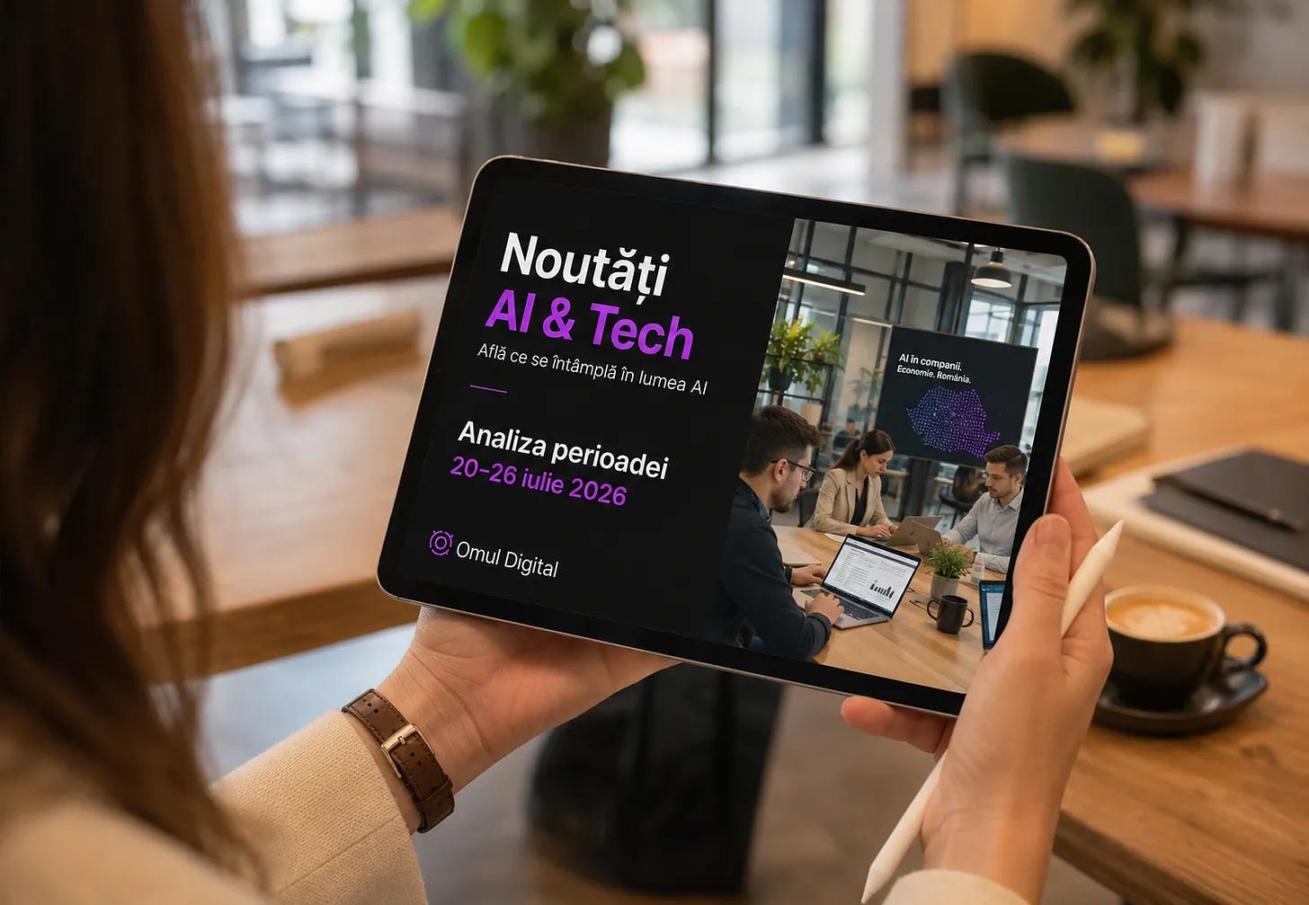 Persoană ținând o tabletă cu o retrospectivă AI & Tech despre reclamele din ChatGPT, angajați digitali în România, securitatea agenților AI și investițiile în infrastructură, pentru perioada 23–31 august 2026. Persoană ținând o tabletă cu o retrospectivă AI & Tech despre reclamele din ChatGPT, angajați digitali în România, securitatea agenților AI și investițiile în infrastructură, pentru perioada 23–31 august 2026.