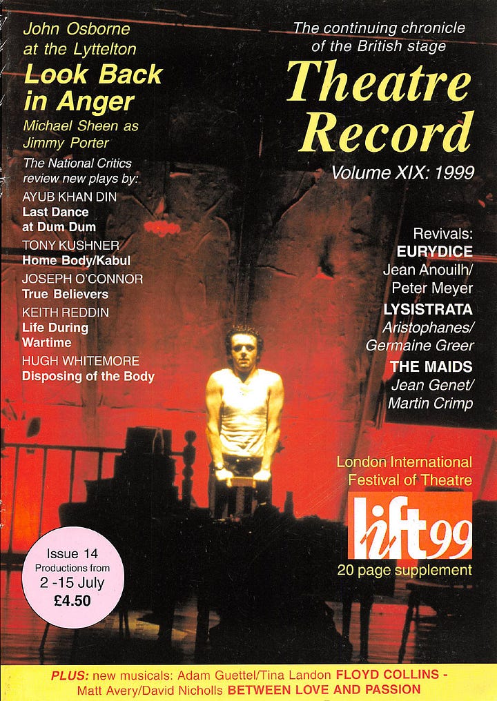 Michael Sheen on the cover of theatre programme and Theatre Record, 1999