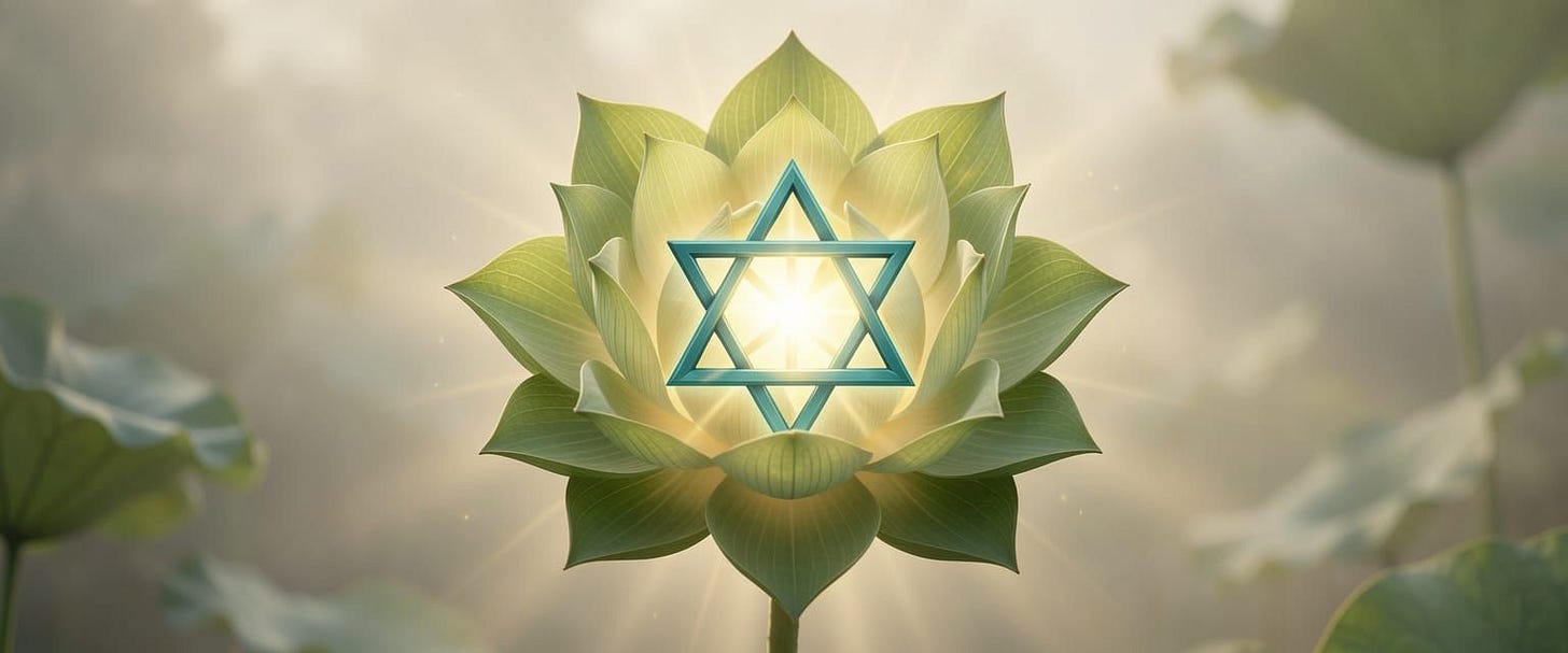 A realistic representation of the Anahata chakra featuring a 12-petaled lotus flower with a six-pointed star formed by t...