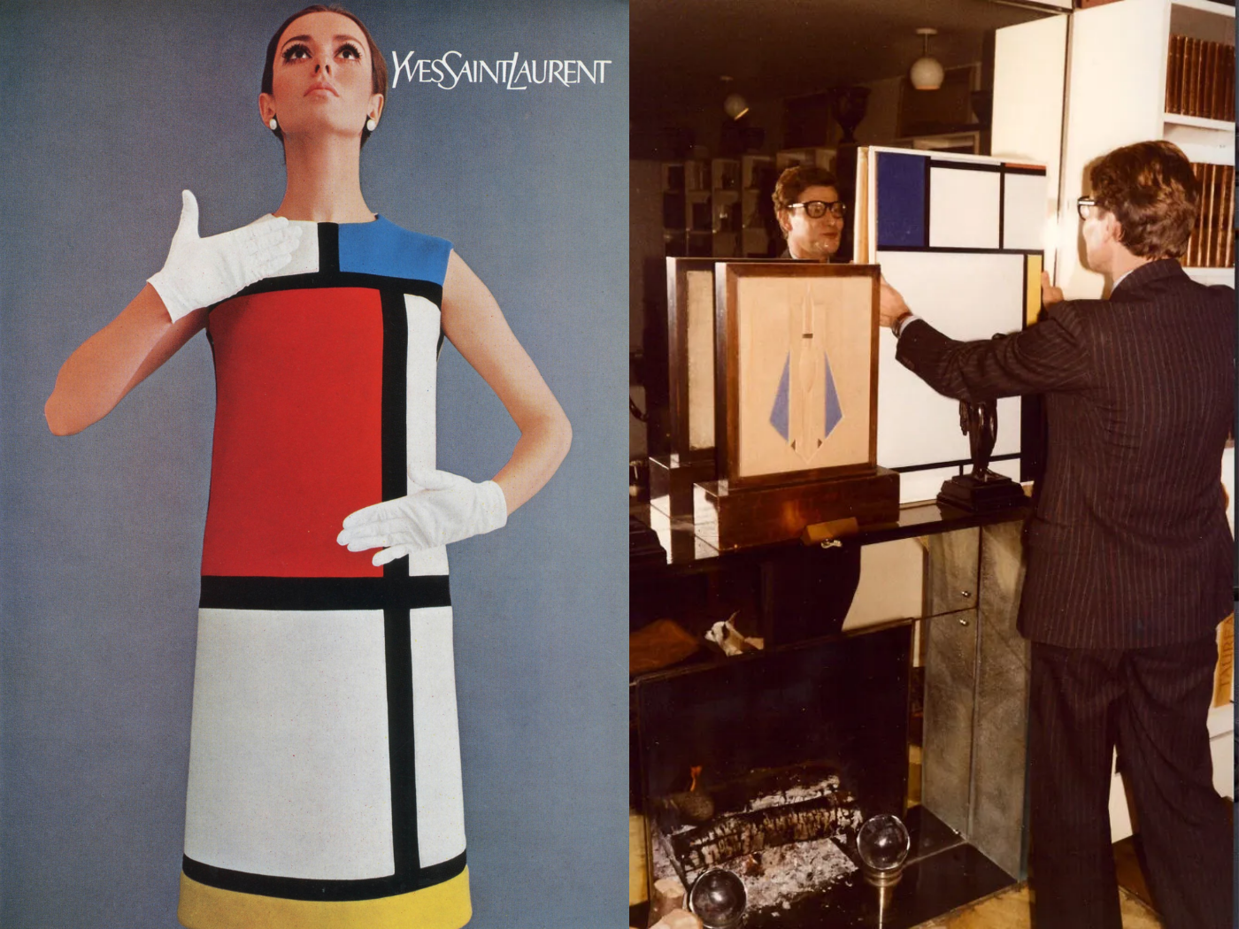 Two side-by-side images showing Yves Saint Laurent’s Mondrian dress: one image of a model wearing a sleeveless color-blocked dress in red, blue, yellow, black, and white, and one archival image of a man holding a Mondrian-inspired garment near a mirror. Two side-by-side images showing Yves Saint Laurent’s Mondrian dress: one image of a model wearing a sleeveless color-blocked dress in red, blue, yellow, black, and white, and one archival image of a man holding a Mondrian-inspired garment near a mirror.