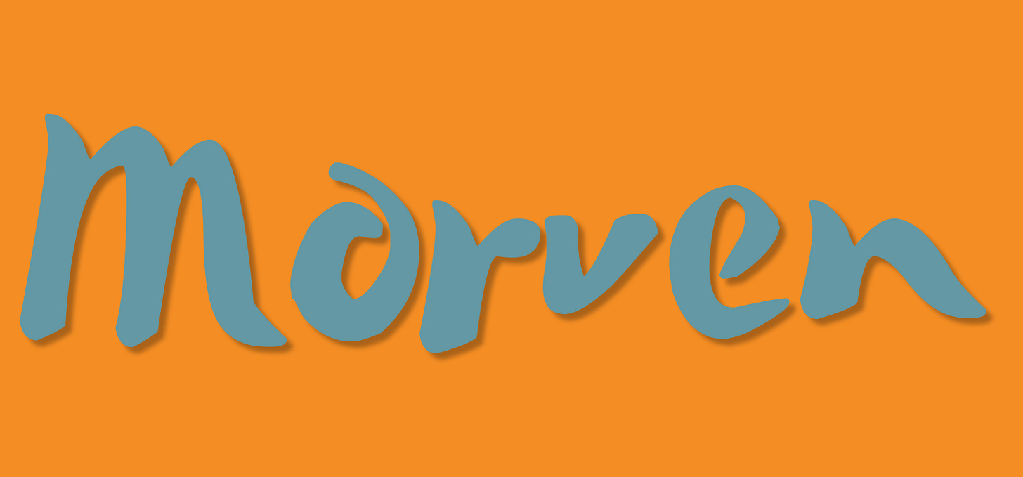 "Morven" written in blue, "beach resort" style text "Morven" written in blue, "beach resort" style text
