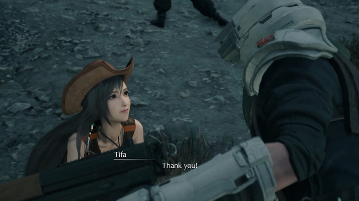 The real Cloud protects Tifa from a Velociwing attack.