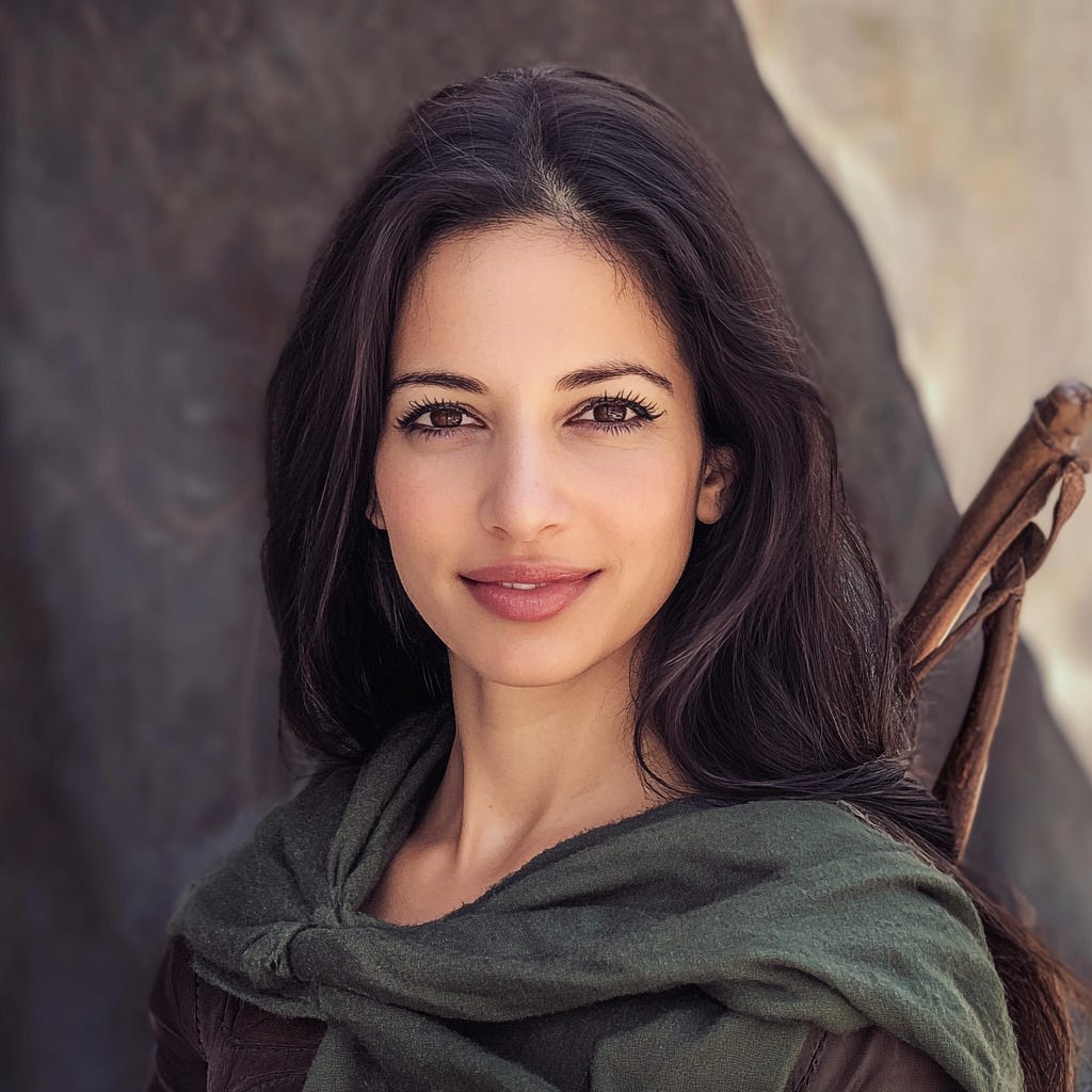 A reimagined portrait of Liat Portal, created using MidJourney. Liat has long, dark hair and a warm smile, wearing a deep green shawl draped over her shoulders. The background is softly blurred, with earthy tones complementing the natural lighting.