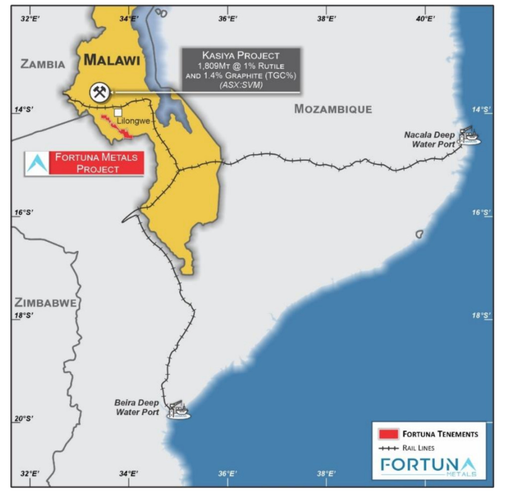 Map showing Fortuna Metals’ project in Malawi near Lilongwe, with rail links to Beira and Nacala deep water ports.