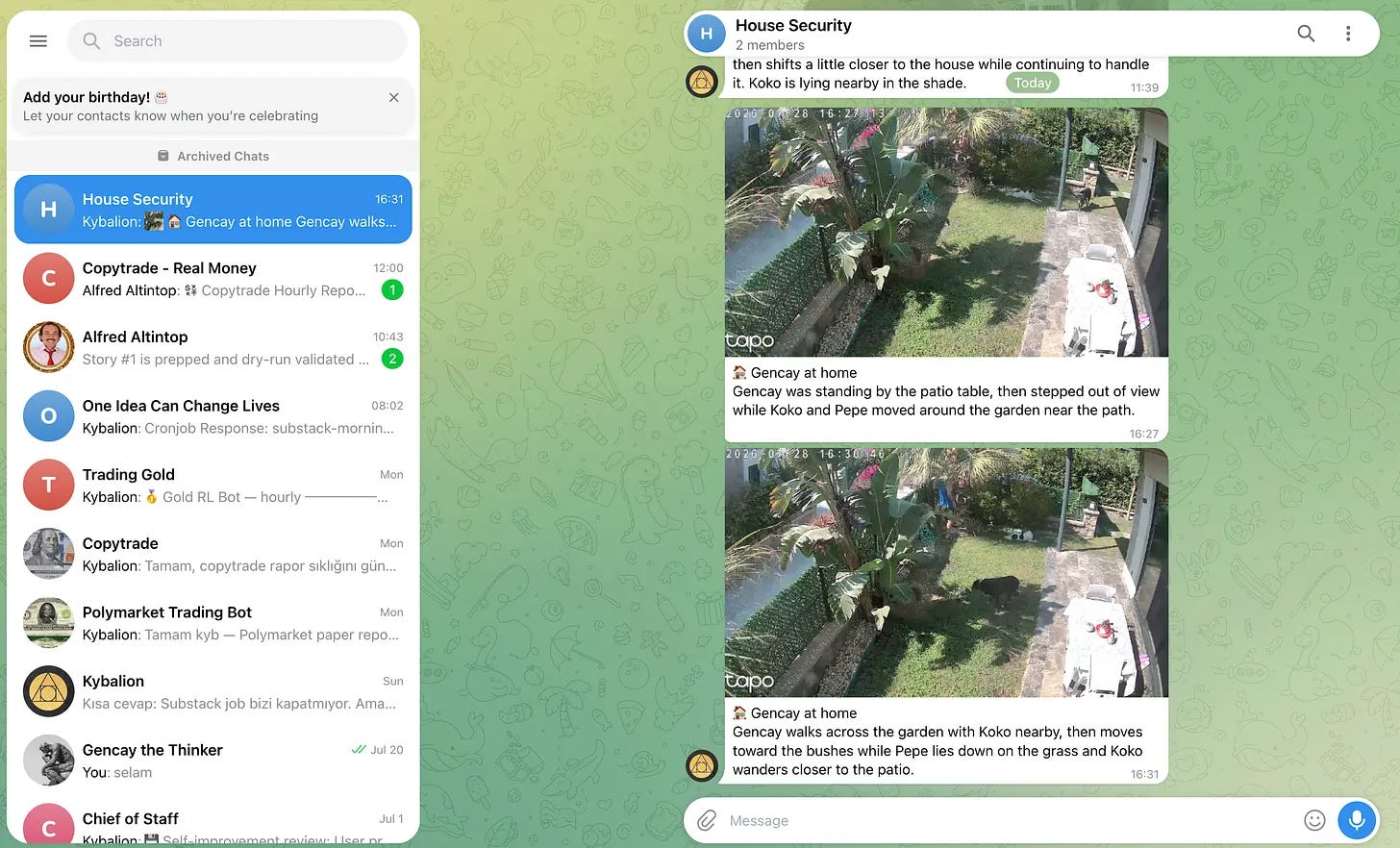 Telegram chats with OpenClaw and Hermes agents sending camera snapshots and reports
