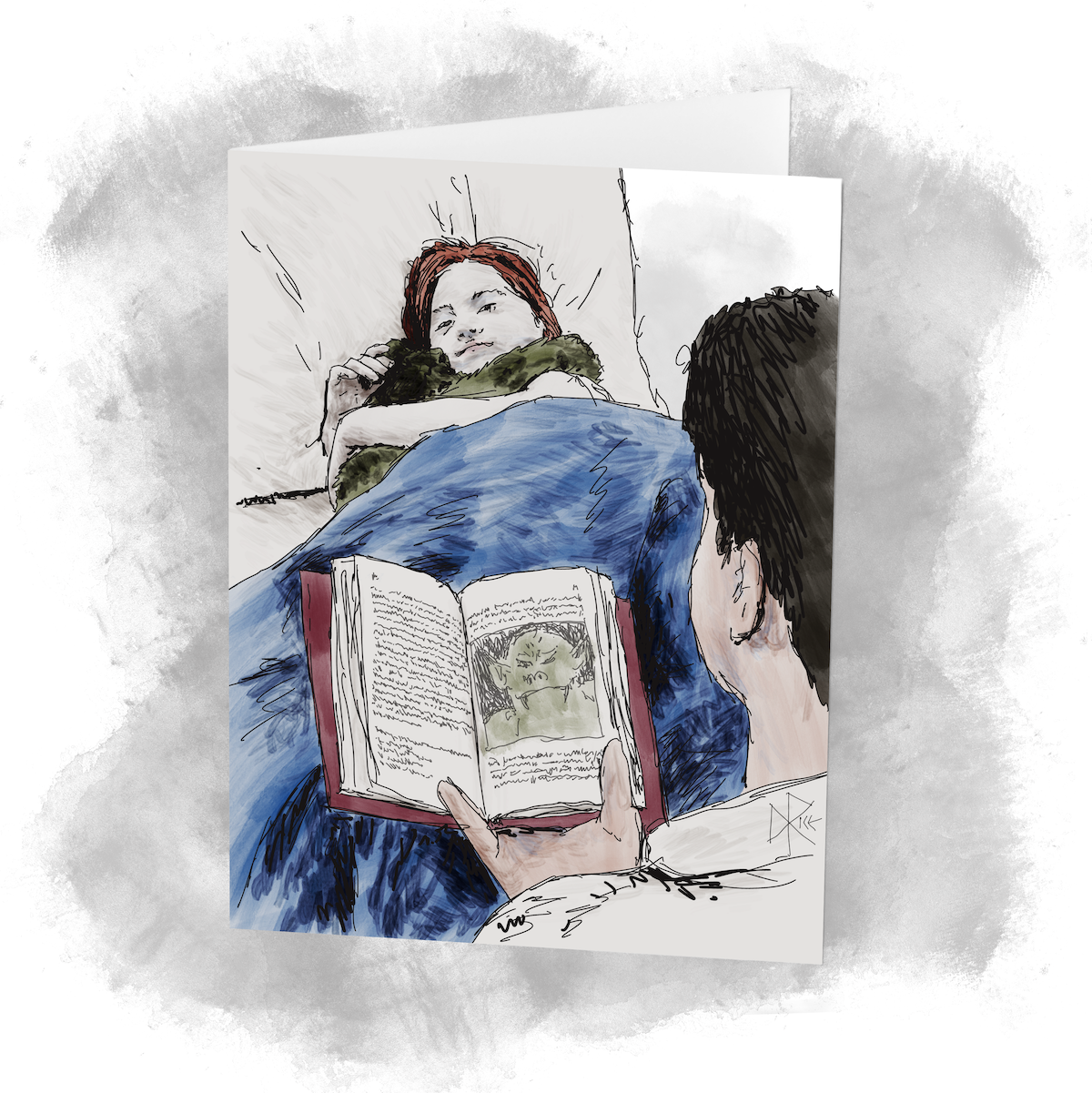 A man tells a story to a child who is lying in a bed, recounting a gruesome tale where cleverness can defeat strength. Sketch art by Don Rice. A man tells a story to a child who is lying in a bed, recounting a gruesome tale where cleverness can defeat strength. Sketch art by Don Rice.