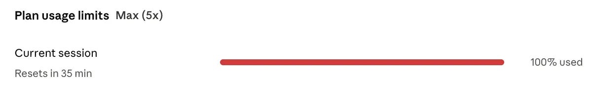 Claude Fable 5 plan usage limit bar, current session 100% used, resets in 35 min Claude Fable 5 plan usage limit bar, current session 100% used, resets in 35 min