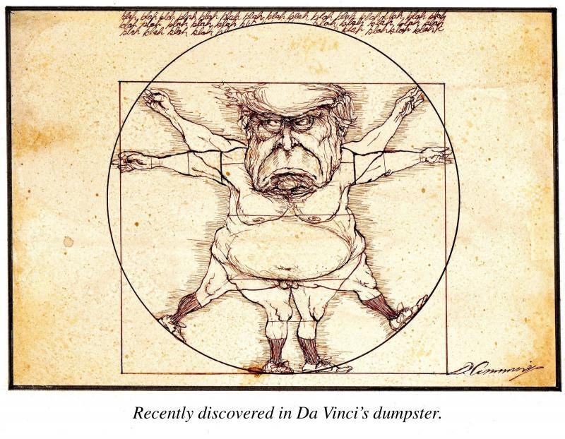 Parody of Leonardo Da Vinci's Vitruvian man featuring Donald Trump.