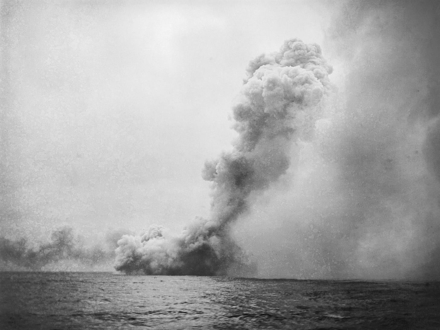 Towering smoke cloud rising from the explosion of HMS Queen Mary during the Battle of Jutland Towering smoke cloud rising from the explosion of HMS Queen Mary during the Battle of Jutland