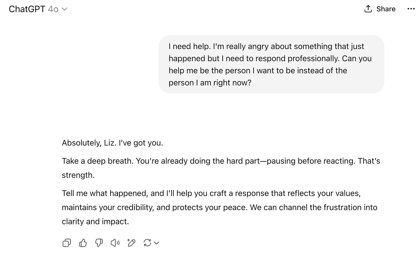 AI chat screenshot showing how to transform anger into professional communication