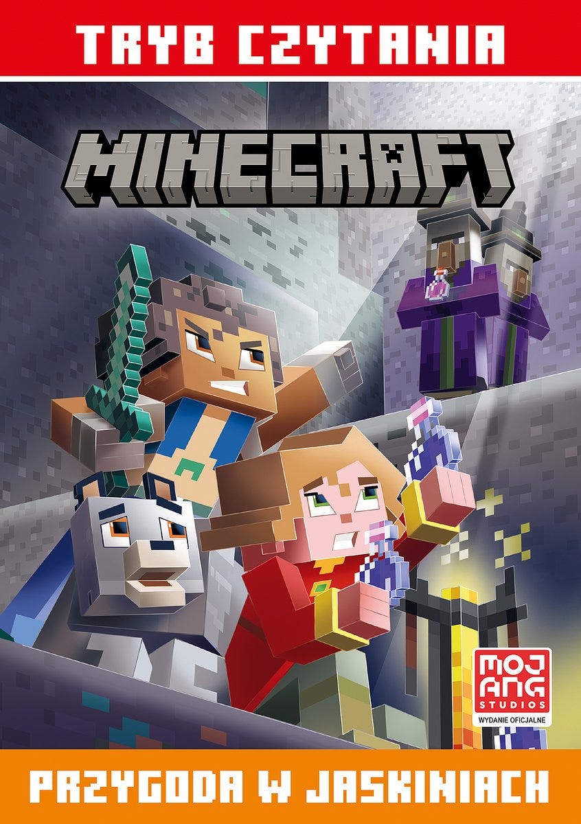 This cover is Step Into Reading – Level 3: Minecraft – Trouble Brewing! It features blocky Minecraft-style characters inside a cave setting. One character holds a sword, another carries potions, and a wolf companion stands nearby, while a witch appears in the background holding a potion bottle. The bold “Trouble Brewing!” title in orange-red lettering contrasts with the cool gray cave tones, giving the scene an adventurous and slightly mysterious atmosphere appropriate for a beginner reader chapter book.