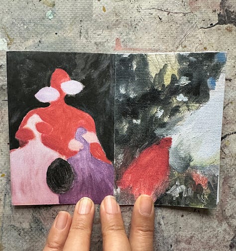 Photos of each page of the Existence Zine showing several oil painting images