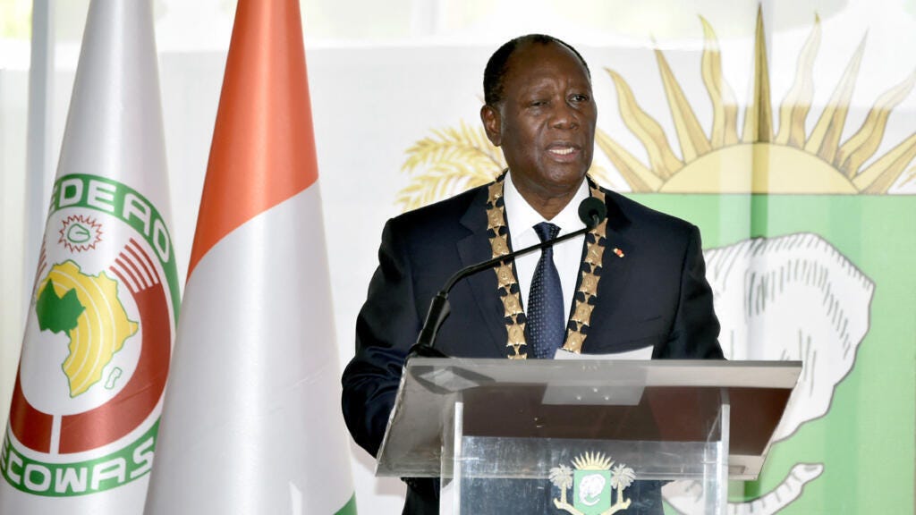 Ivorian President  Alassane Ouattara delivers a speech on 14 December 2020 during his inauguration ceremony.