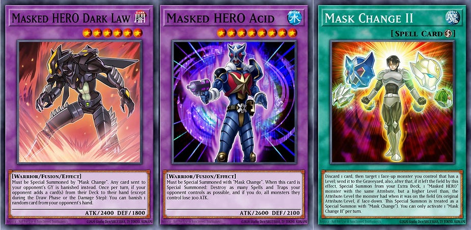 Three Yu-Gi-Oh! cards: "Masked HERO Dark Law," "Masked HERO Acid," and "Mask Change II," featuring armored heroes with vibrant backgrounds.