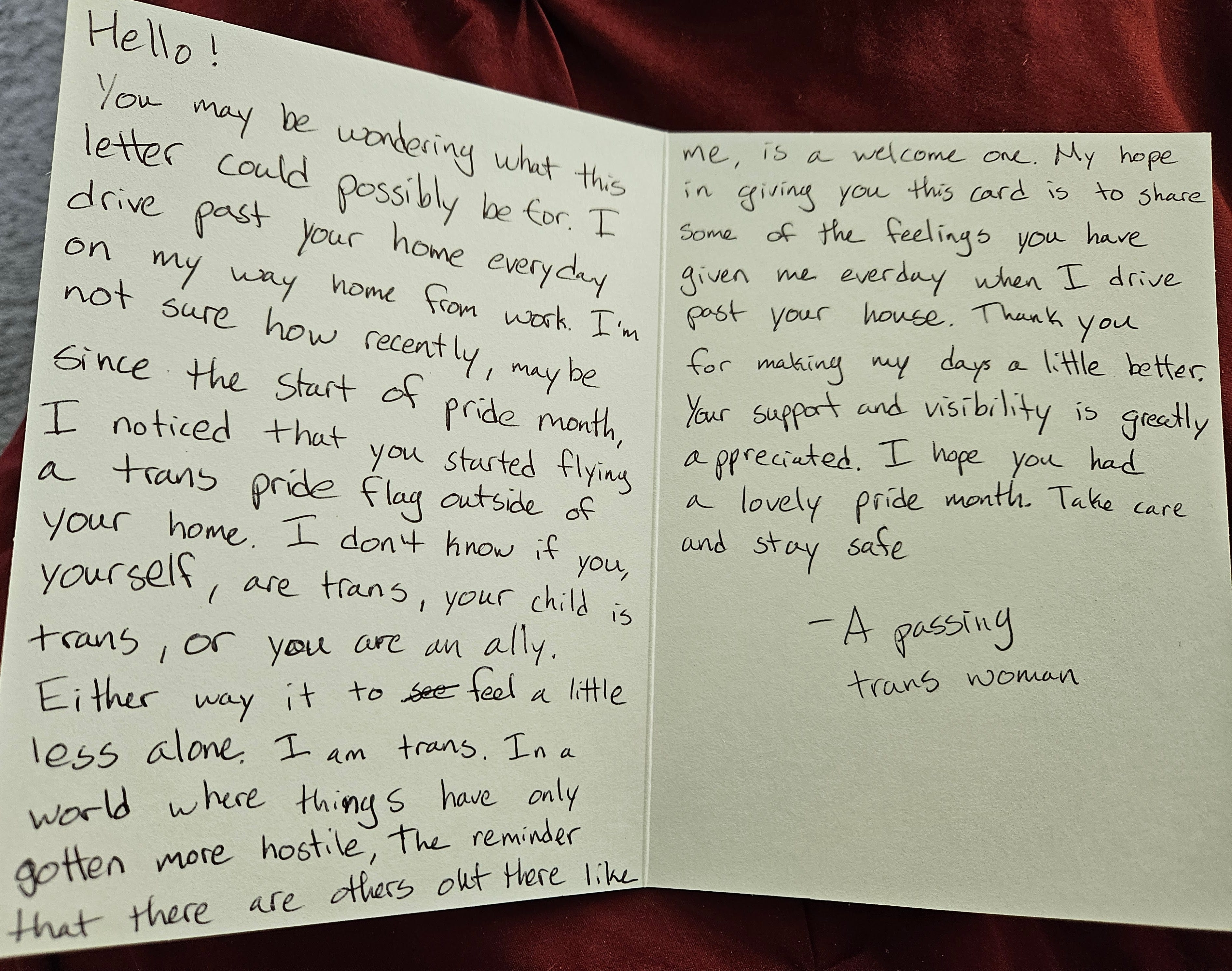 A card thanking me/us from an anonymous trans woman for flying the trans flag during pride month. A card thanking me/us from an anonymous trans woman for flying the trans flag during pride month.