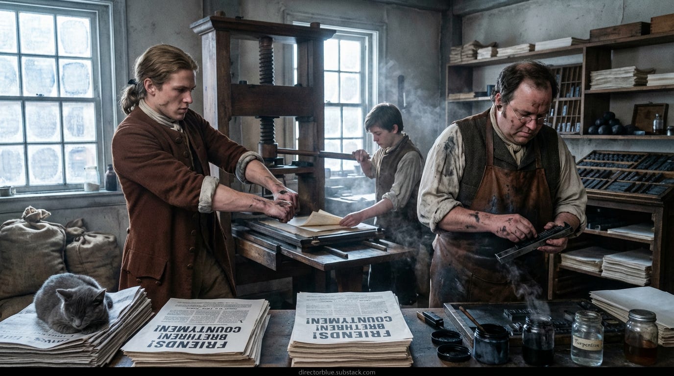 Photorealistic 169 cinematic photograph morning interior colonial print shop Boston December 1773 Gray winter daylight through multi-paned frost-edged windows illuminates wooden printing press (accurate 1770s screw-lever design) A young man _image_1