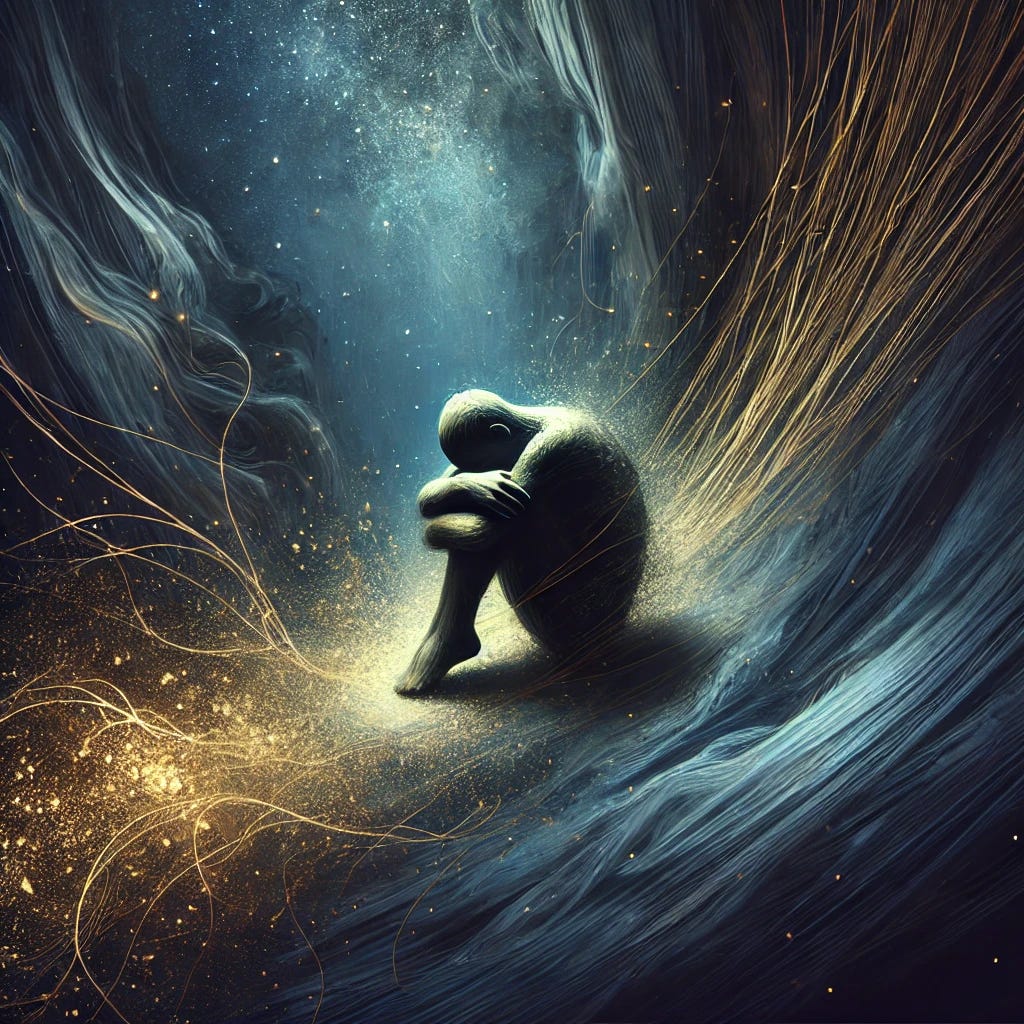 An abstract representation of depression and grief: A faceless figure curled into themselves, floating in a vast, dark void. Golden threads of memories slip from their grasp, symbolizing loss, longing, and helplessness. The atmosphere is heavy, with deep blues and blacks, and faint glimmers of distant light.