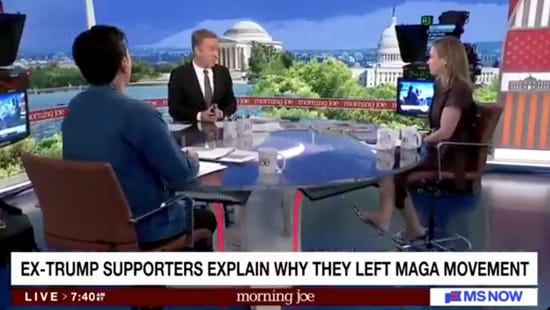 A screenshot of Leaving MAGA being discussed on MS NOW's Morning Joe.