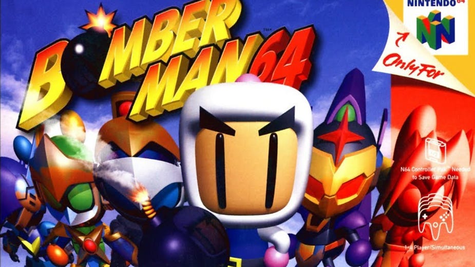Cartoon characters in colorful armor with "Bomberman 64" text. Nintendo 64 logo and game controller graphic in the background.
