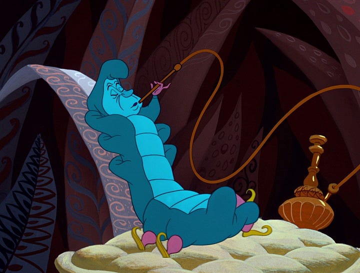 Four images - Alice, Mad Hatter, Cheshire Cat, Caterpillar