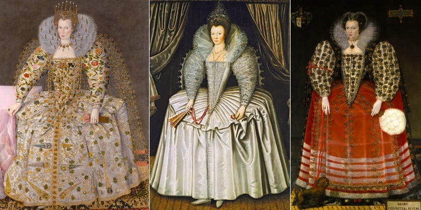 Three Elizabethan portraits showing similar styles of puff sleeve and open ruff.