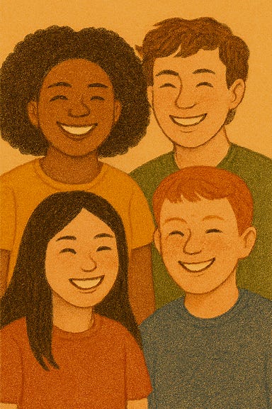 A symbolic illustration of youth with happy faces. A group of diverse young people are gathered in a sunlit outdoor setting, surrounded by trees, flowers, and soft golden light. Their faces are joyful and expressive, with eyes closed or smiling widely. Some are dancing, others are sitting in circles, sharing stories or playing instruments. The atmosphere is warm and celebratory, with floating leaves, gentle rays of light, and soft textures. The style is painterly and textured, using earthy tones and pastel highlights.