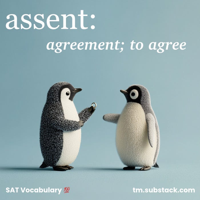 Illustration of a marriage proposal between two penguins, one offering the engagement ring, the other penguin accepting the ring; used to illustrate the SAT word 'assent'. Illustration of a marriage proposal between two penguins, one offering the engagement ring, the other penguin accepting the ring; used to illustrate the SAT word 'assent'.