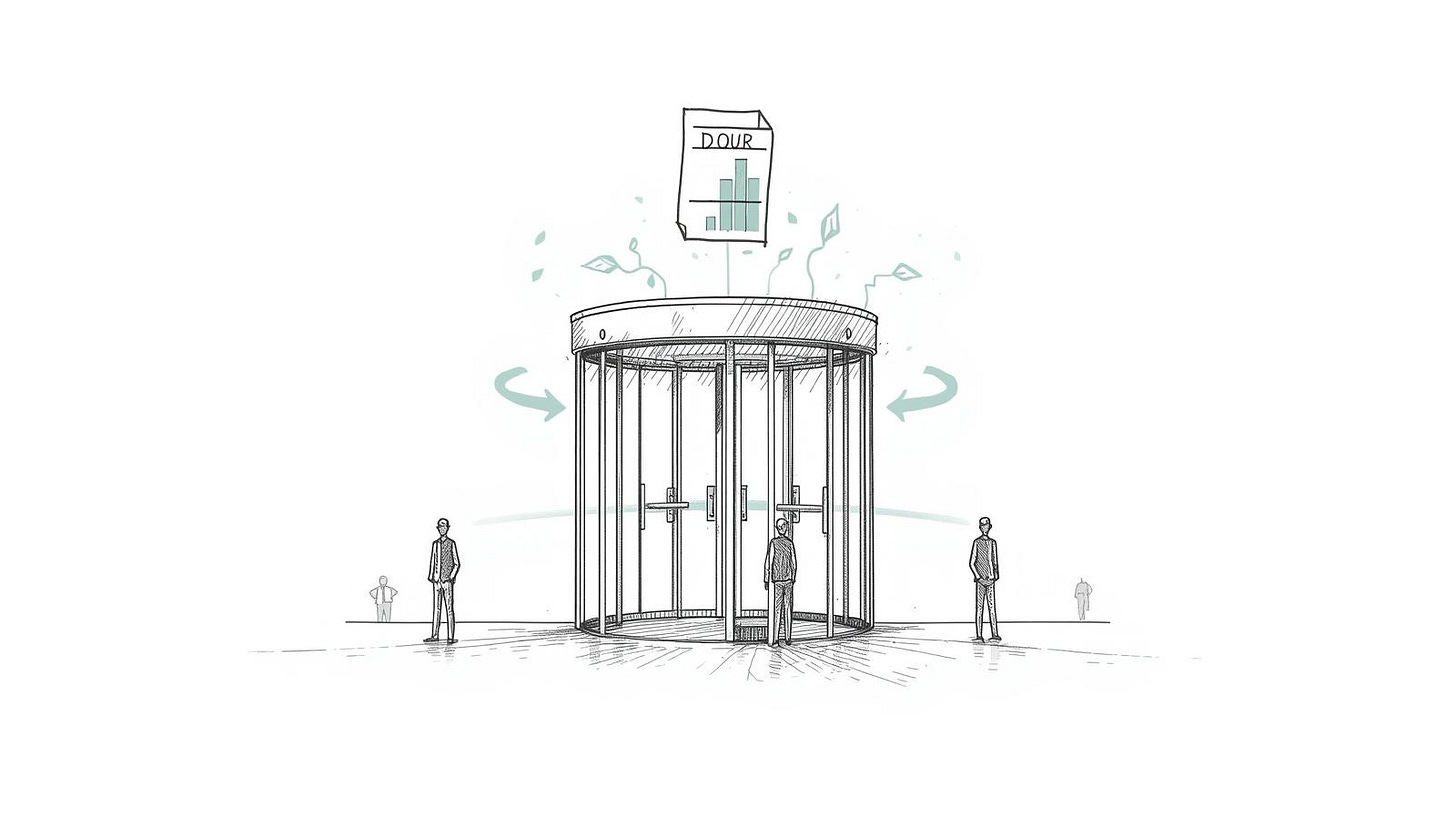 Revolving door with figures flowing through and a job posting rooted permanently above Revolving door with figures flowing through and a job posting rooted permanently above