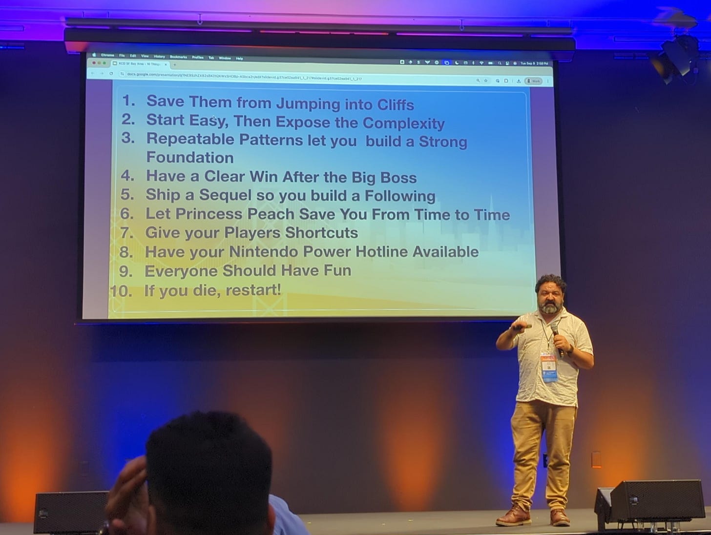 Summary of 10 things that Super Mario taught me about Platform Engineering, with Ramiro on stage at KCD SF