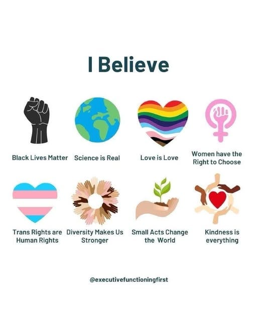 May be a doodle of text that says 'I Believe Black Lives BlackLivesMatter Matter Science is Real Love LoveisLove Love Women have the Right to Choose Trans Rights are Diversity Makes Us Human Rights Stronger Small Acts Change the World Kindness is everything @executivefunctioningfirst'