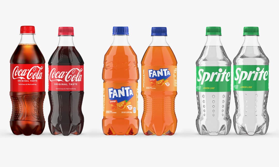Professional studio photos of Coke, Fanta and Sprite bottles.