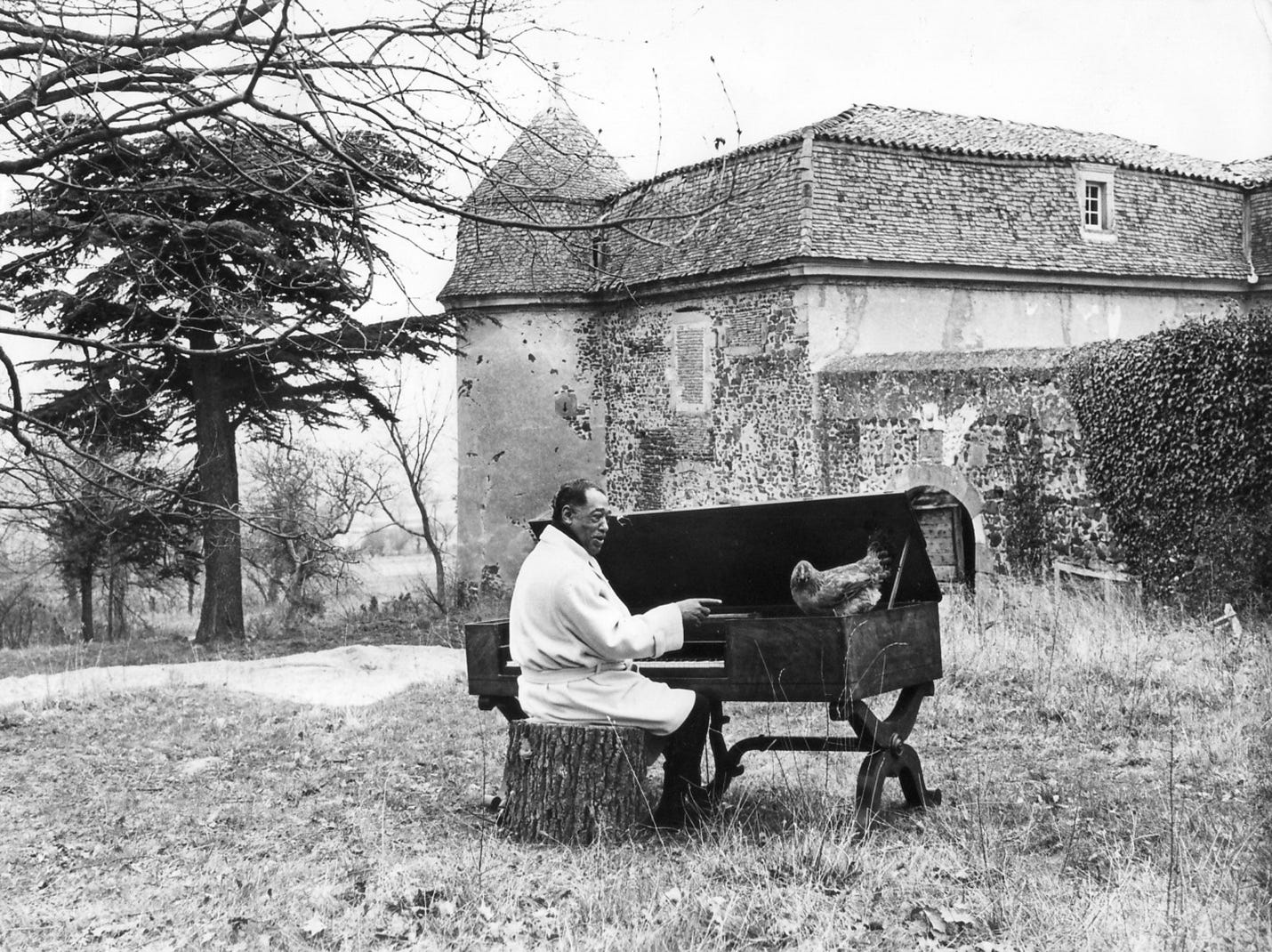 Duke Ellington serenading a chicken.?