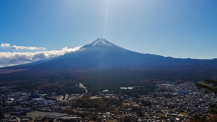 Mt. Fuji overlooking a town Mt. Fuji overlooking a town