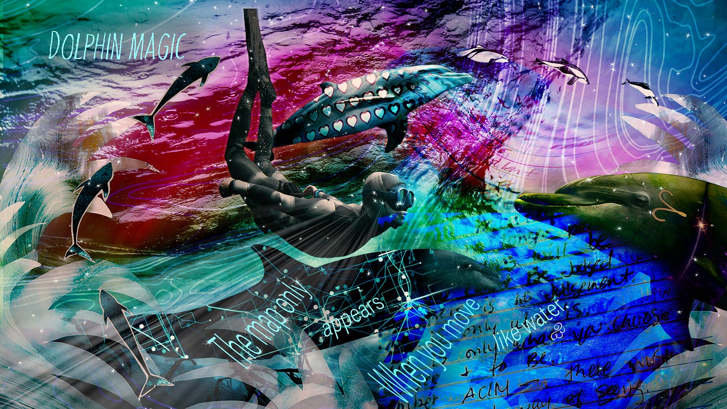 Collage of three dolphins surrounding diver in Aurora Borealis.