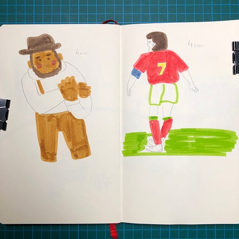 Photos de 5 doubles-pages de mon sketchbook où l'ont voit les dessins de symboles du Portugal tels que le drapeau, des monuments historiques, des spécialités culinaires, entre autres. Dessins réalisés aux Colorex, crayon graphite et crayons de couleurs.