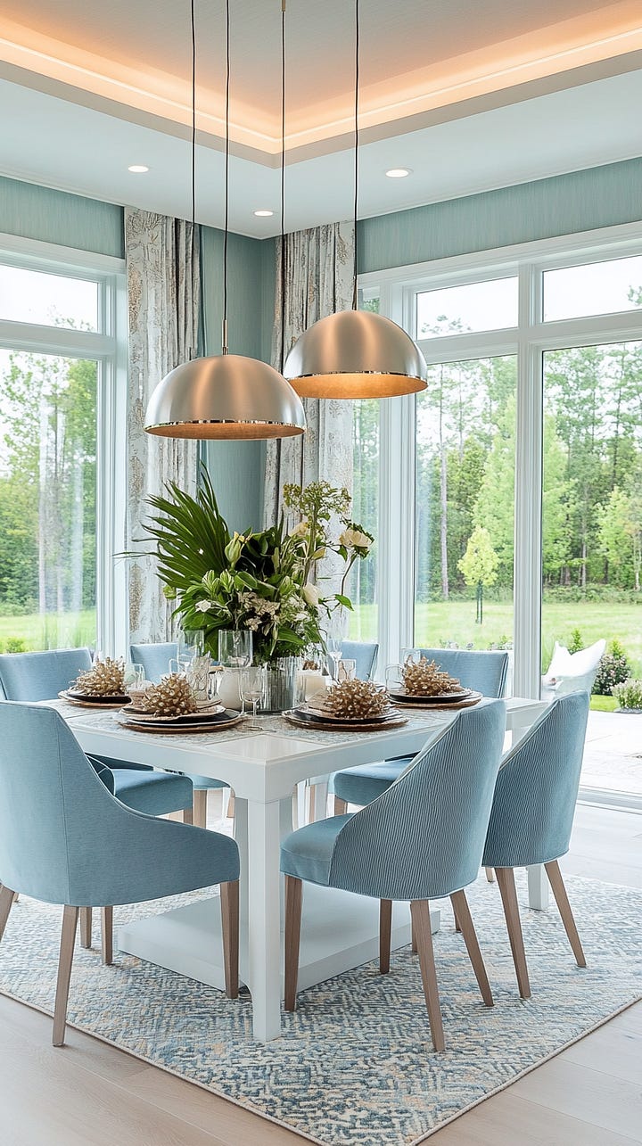 cool blue shown in a dining room and a bedroom in an article on styling lies when buying a staged home