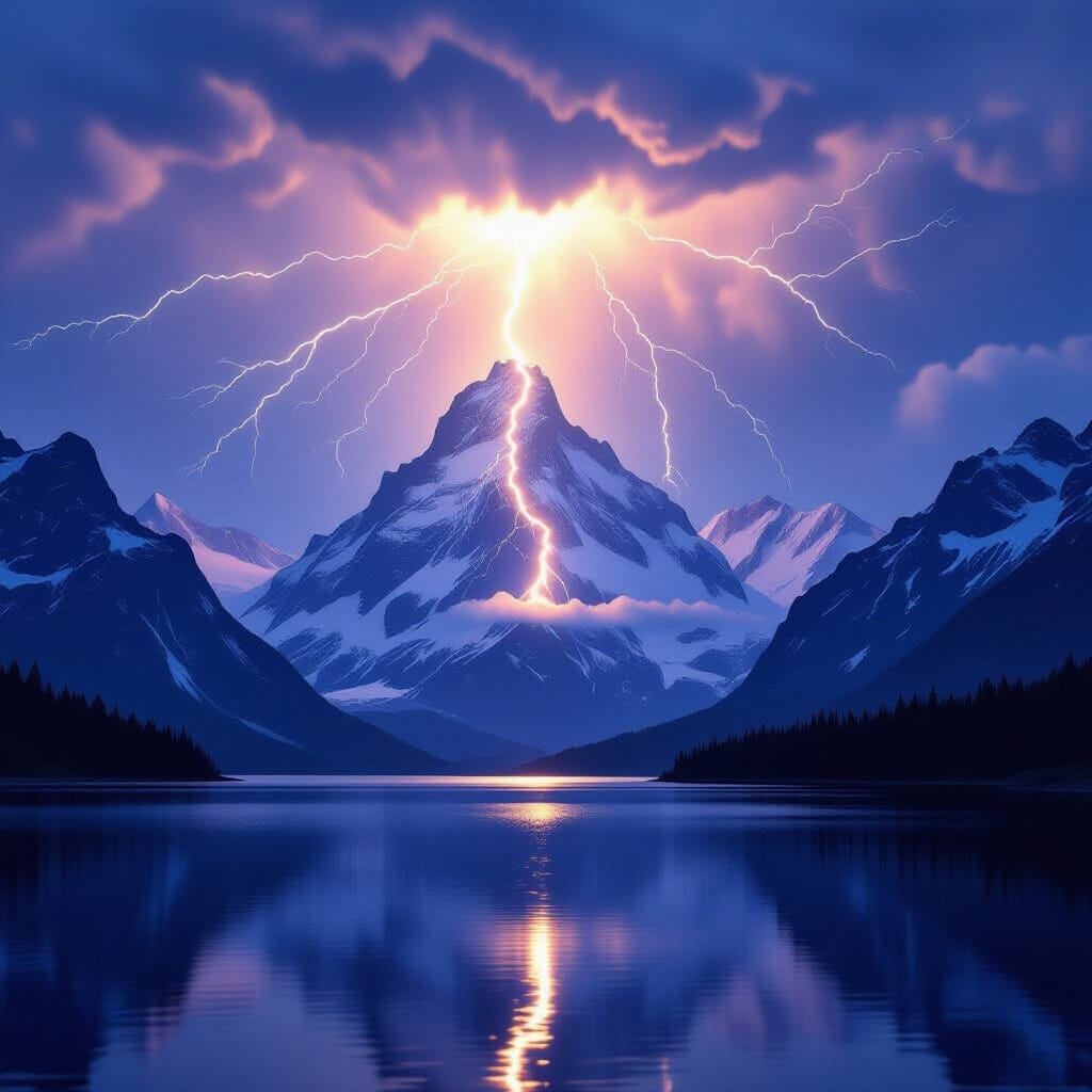 A bolt of lightning dramatically illuminates a vast mountain range at twilight. The raw power and instantaneous speed of… A bolt of lightning dramatically illuminates a vast mountain range at twilight. The raw power and instantaneous speed of…