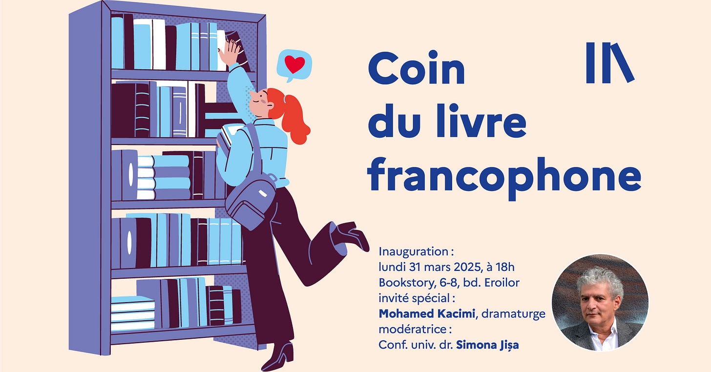 May be pop art of ‎1 person and ‎text that says "‎In Coin du livre francophone Inauguration: lundi 31 mars 2025 lundi31mars2025,à18 ب 18h Bookstory, 6-8, bd. Eroilor invité spécial: Mohamed Kacimi, dramaturge modératrice: Conf. univ. dr. Simona Jişa‎"‎‎
