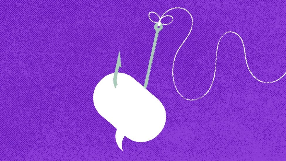 An image of a text bubble attacked to a hook and line