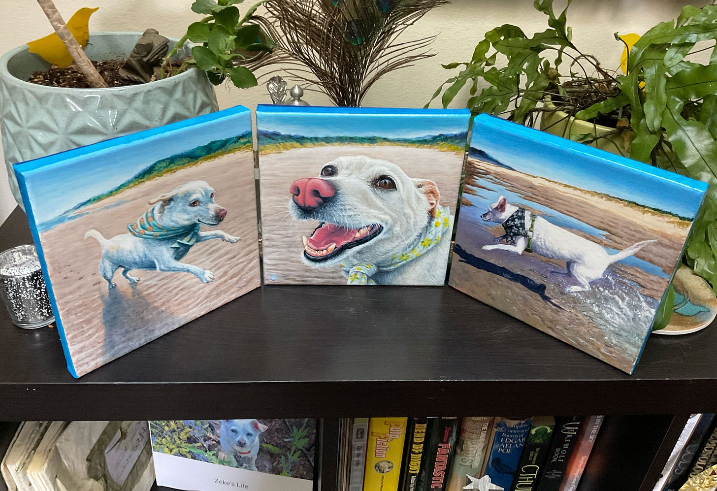 Zeke at the Beach Triptych, acrylic painting by E.R. Flynn