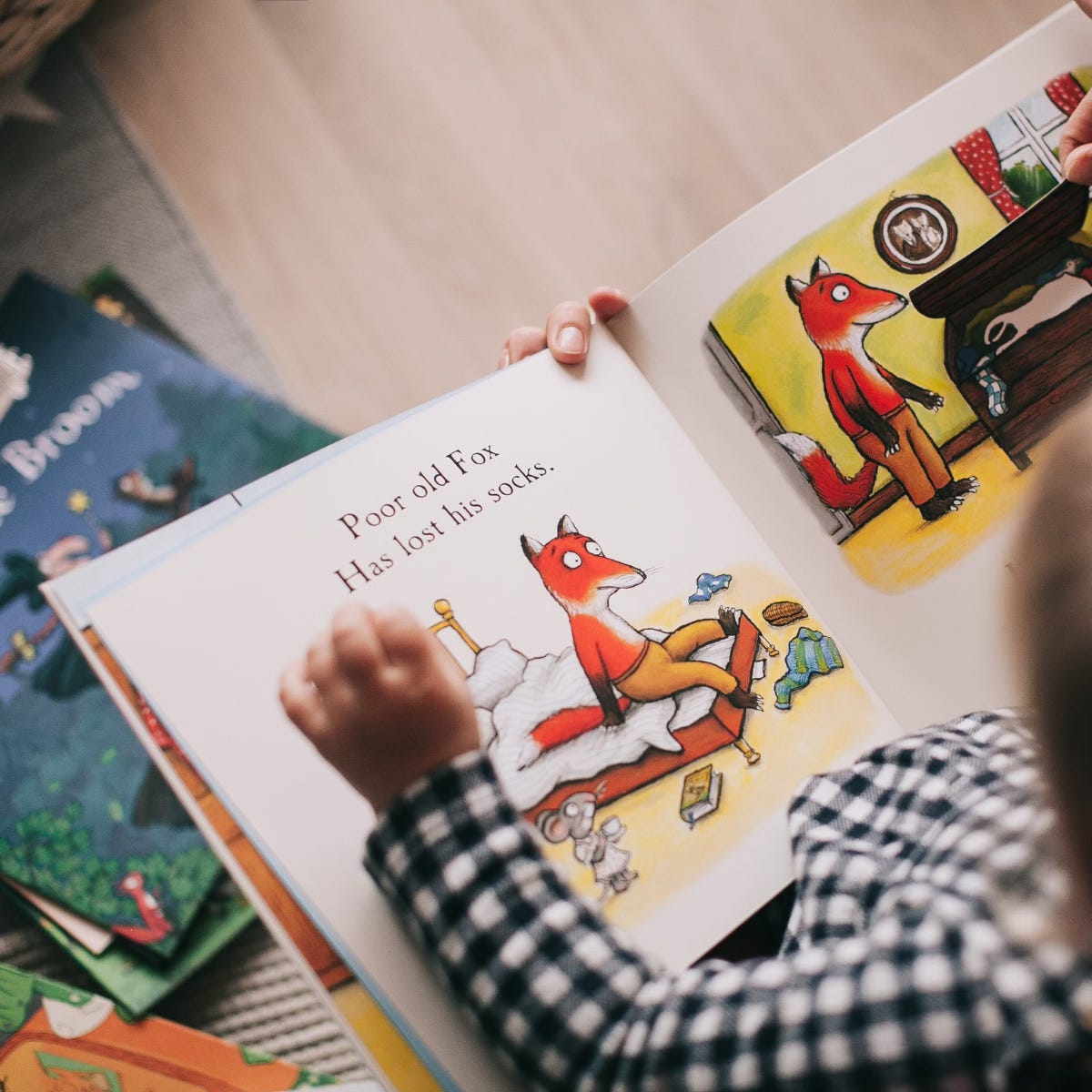 A toddler and homeschooling parent reading a living book together. This top-down photo represents a simple, budget-friendly way to foster a love of literature and nature study in early childhood.