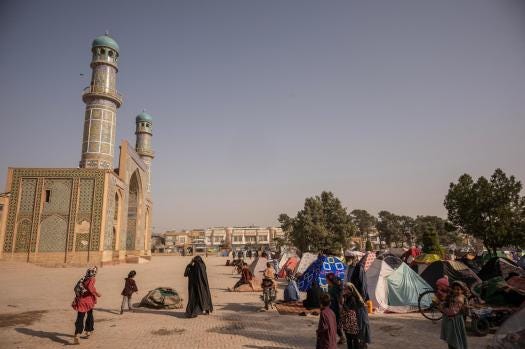 A tent encampment filled with people affected by earthquakes outside the Great Mosque in Herat, Afghanistan, Oct. 12, 2023. Herat Province, near the site of three earlier quakes that killed more than 1,000 people in recent days, was shaken violently again, for the fourth time in a week, early Sunday, Oct. 15, 2023. (Victor J. Blue/The New York Times)
