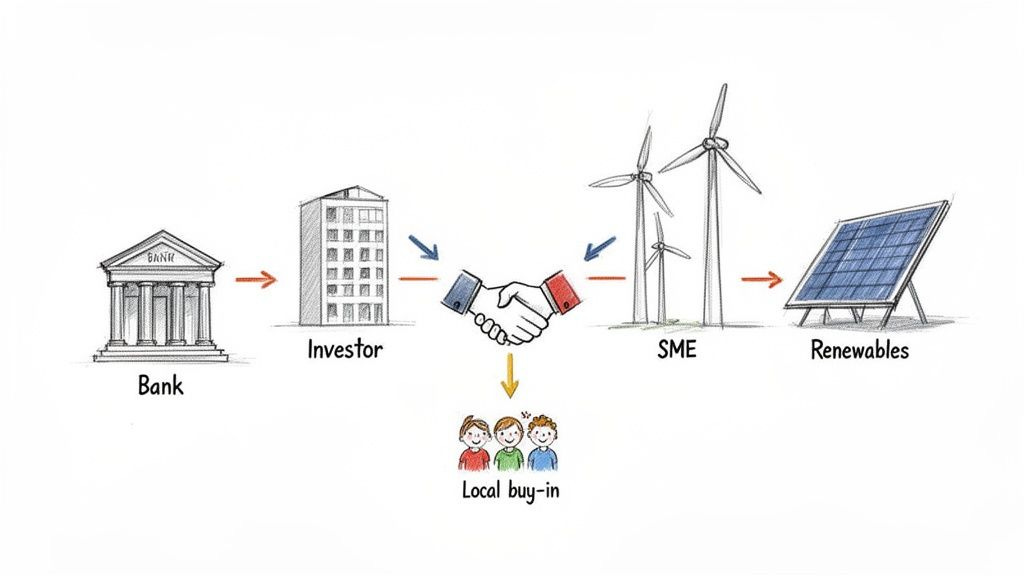 A diagram illustrates a bank funding an investor, who collaborates with an SME to develop renewables, involving local buy-in.
