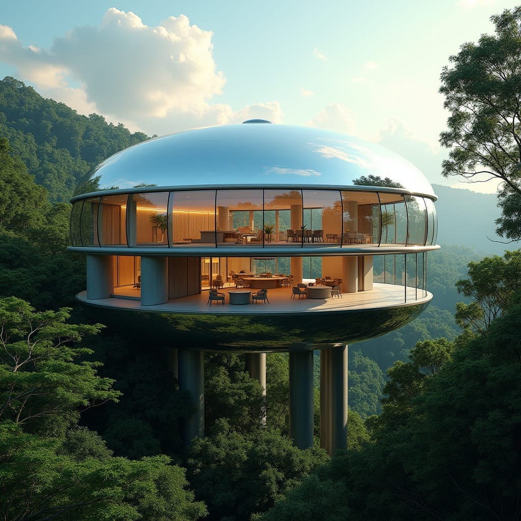 A futuristic, eco-friendly school, a massive sphere nestled into Jamaica's lush Blue Mountains, its reflective surface mirroring the surrounding forest, elevated on slender stilts, creating the illusion of floating above the landscape, with solar panels and natural ventilation blending seamlessly into the tropical environment. Inside, circular, multi-level rooms spiral around a central core, glass walls offering breathtaking, uninterrupted views of the misty mountains.