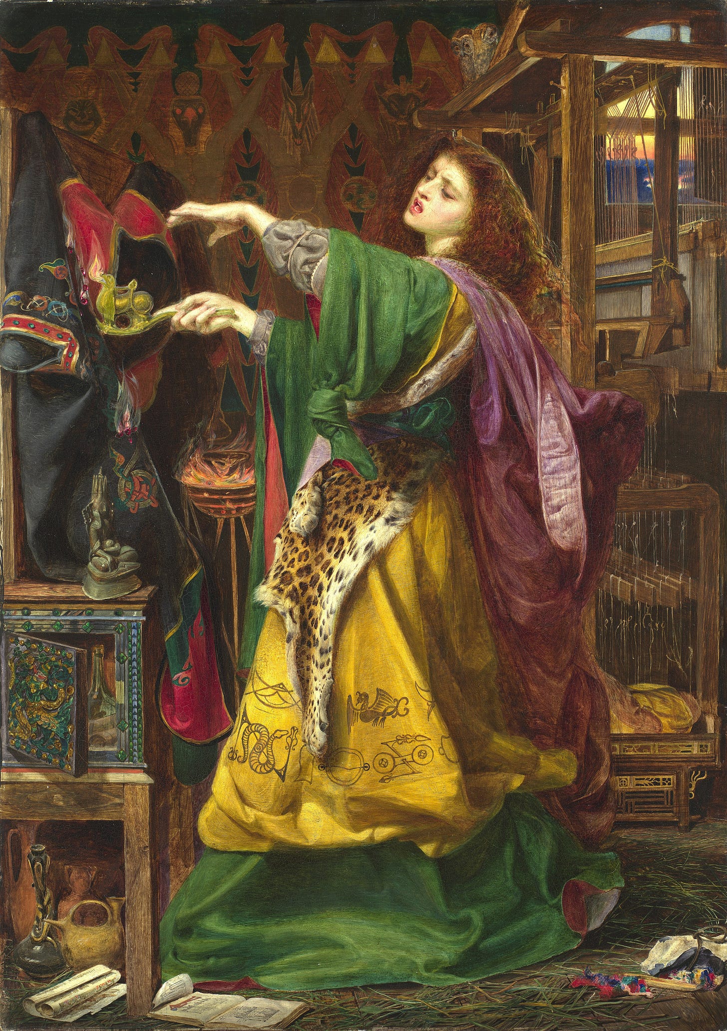 Frederick Sandys' Morgan le Fay casting her enchantment, the sorceress whose magick gave glamour its name