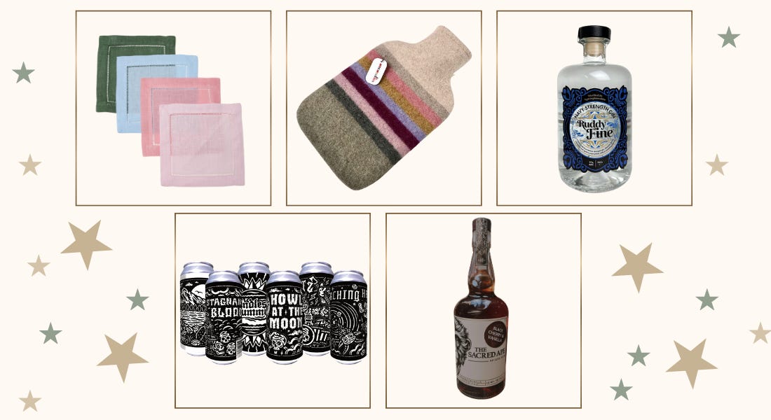 A graphic with green and gold stars and napkins, a hot water bottle, a gin bottle, beer cans, and a rum bottle on it A graphic with green and gold stars and napkins, a hot water bottle, a gin bottle, beer cans, and a rum bottle on it