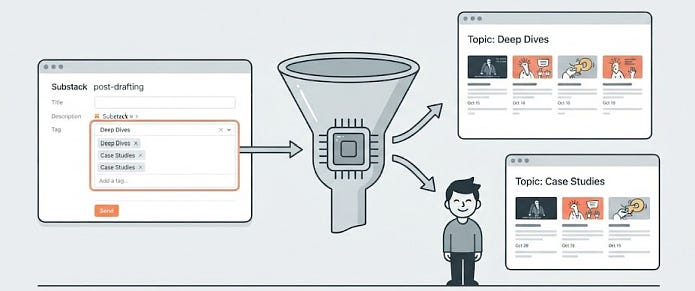 The Mechanics of Tagging (Input = Output) This explains what tags do - "So, what actually are Substack tags?") and shows how applying a single metadata label creates a dedicated, organized landing page.