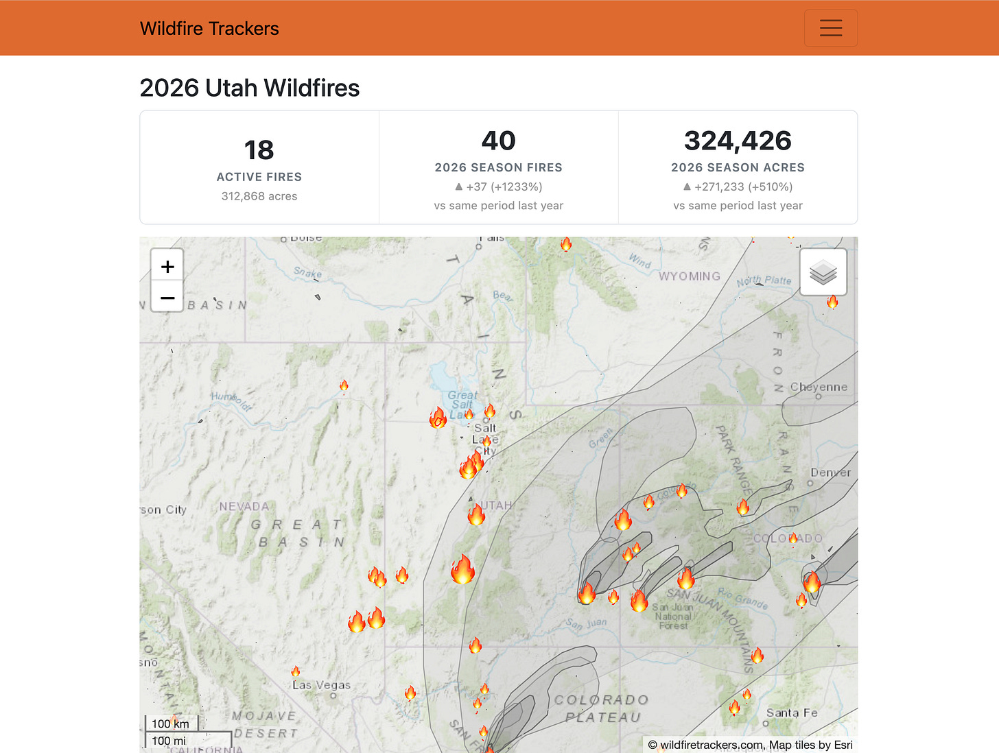 Graphic from wildfire tracker site of 2026 Utah wildfires.